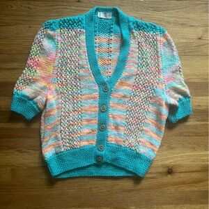 Handmade Rainbow‎ Knit Short Sleeve Cardigan Sweater Women’s Artisan Boho